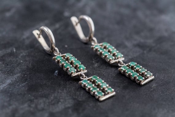 Emerald Earrings, Natural Emerald, Long Earrings, Real Emerald, Birthstone Earrings, May Birthstone, Dangling Earrings, 925 Silver Earrings