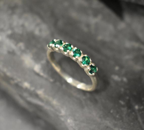 Created Emerald Ring, Created Emerald, Half Eternity Ring, Vintage Ring, Emerald Ring, Eternity Ring, Wave Band, Solid Silver Ring, Emerald