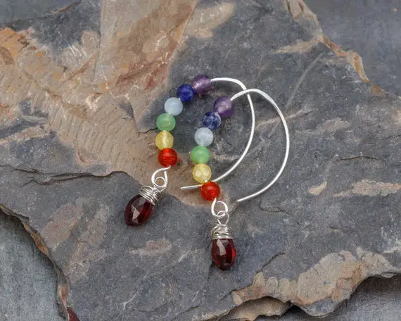 Natural Stone Chakra Earrings, Rainbow Gemstone Earrings In Silver, Colorful Stone Earrings, Garnet Drop Earrings, Natural Stone Jewelry