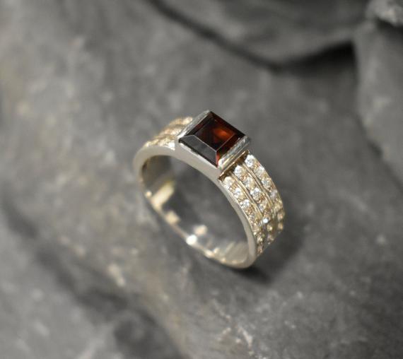 Red Garnet Ring, Natural Garnet Ring, January Birthstone Ring, Silver Square Ring, Red Gem Ring, Silver Thick Band Ring, Bands By Adina Red Garnet Ring, Natural Garnet Ring, January Birthstone Ring, Silver Square Ring, Red Gem Ring, Silver Thick Band Ring, Bands By Adina