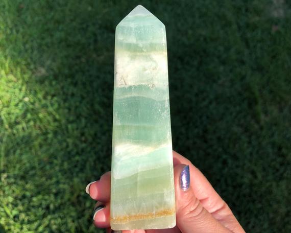 4.8" Blue Green Calcite Crystal Tower #2 Large Aqua Banded Polished Point Gemstone, Self Standing, Home Decor, Witchy Birthday Gift For Her