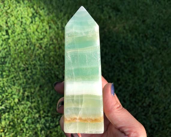 5" Blue Green Calcite Crystal Tower #1 Large Aqua Banded Polished Point Gemstone, Self Standing, Home Decor, Witchy Birthday Gift For Her