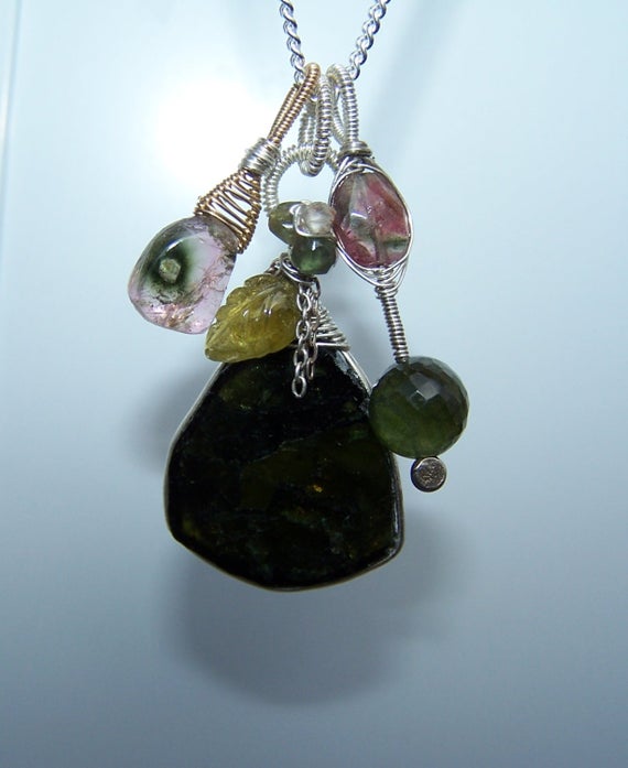 Green Tourmaline, Wire Wrapped Pendant, Necklace