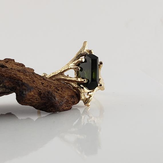 Raw Hand Cut Polished Green Tourmaline Engagement Ring, Bridal Set, Anniversary Ring In A 14k Yellow Gold Twig Setting By Dawn