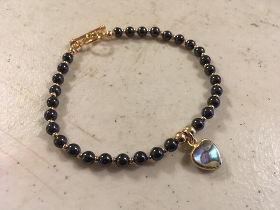 Hematite Bracelet - Gray Gemstone Jewellery - Gold Jewelry - Abalone Heart Charm - Beaded - Dainty
