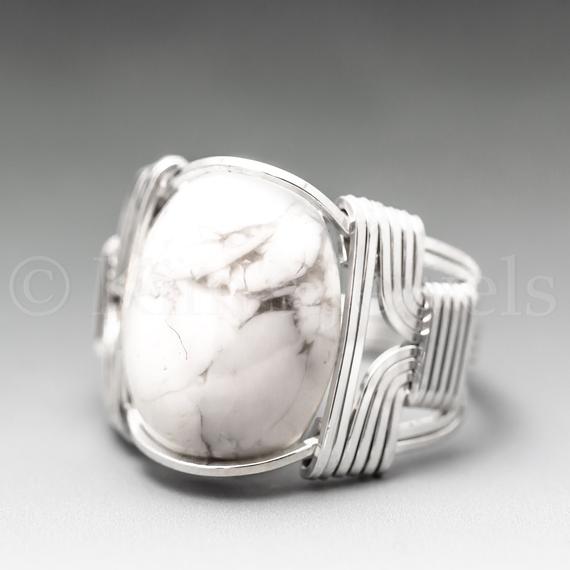 White Howlite Sterling Silver Wire Wrapped Gemstone Cabochon Ring - Optional Oxidation/antiquing - Made To Order, Ships Fast!