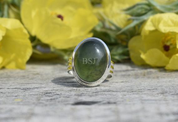 Fantastic Nephrite Jade Ring, 925 Sterling Silver, Oval Shape, Green Color Stone, Triple Band Ring, Bezel Set, Handmade Silver Ring, Sale