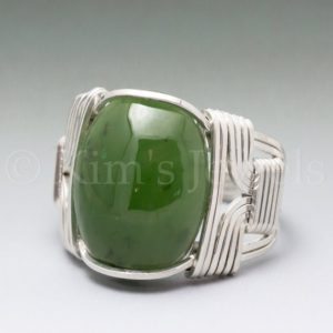 Shop Jade Rings! Nephrite Jade Sterling Silver Wire Wrapped Gemstone Cabochon Ring – Optional Oxidation/Antiquing – Made to Order, Ships Fast! | Natural genuine Jade rings, simple unique handcrafted gemstone rings. #rings #jewelry #shopping #gift #handmade #fashion #style #affiliate #ad