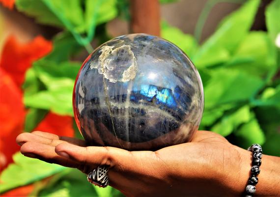 Grey Labradorite Sphere - Stunning 115mm Rainbow Blue Flash, Healing Power Stone Ball For Meditation & Home Decor Gift