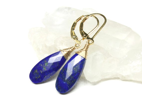Genuine Lapis Lazuli Earrings Gold Filled Or Sterling Silver Wire Wrapped Natural Blue Gemstone Boho Dangle Drops December Birthstone 6109