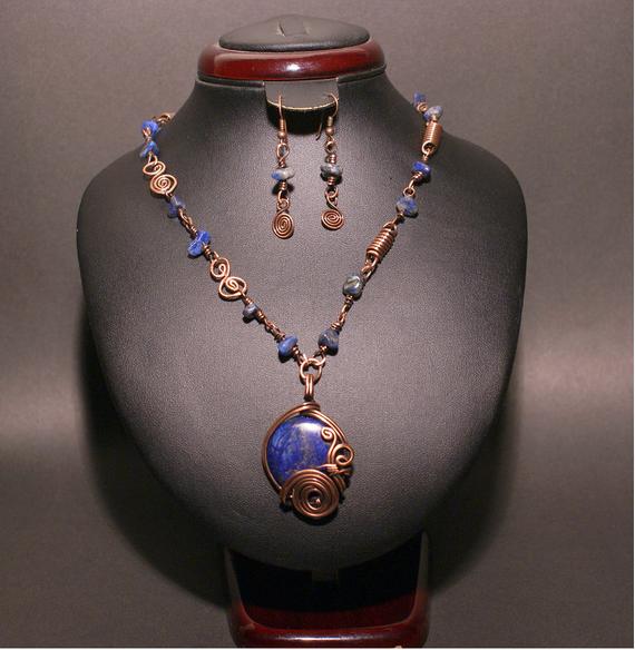 Lapis Lazuli Jewelry Set, Lapis Necklace And Earring Set, Copper Jewelry Set, Wire Wrapped Jewelry, Wire Jewelry, Copper Jewelry