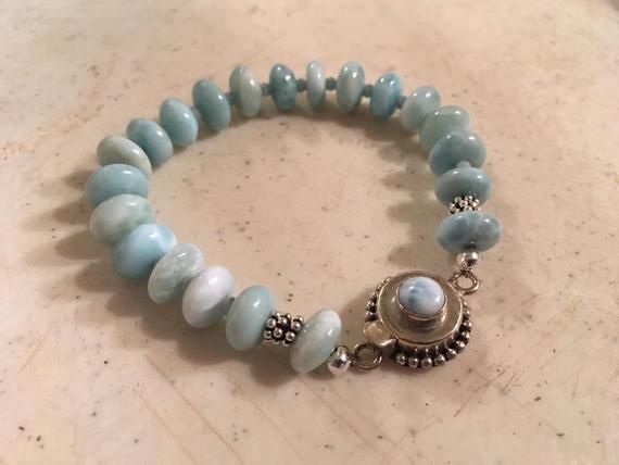 Larimar Bracelet - Blue Gemstone Jewellery - Sterling Silver Jewelry - Beaded - Pastel - Box Clasp