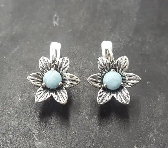 Flower Larimar Earrings, Natural Larimar, Light Blue Earrings, Blue Flower Earrings, Floral Earrings, Sterling Silver Earrings, Adina Stone