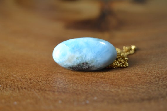 Oval Blue Larimar Pendant In Sterling Silver, 14k Gold // Dominican Larimar // Blue Pectolite // Oval Cabochon // Healing Crystal Necklace