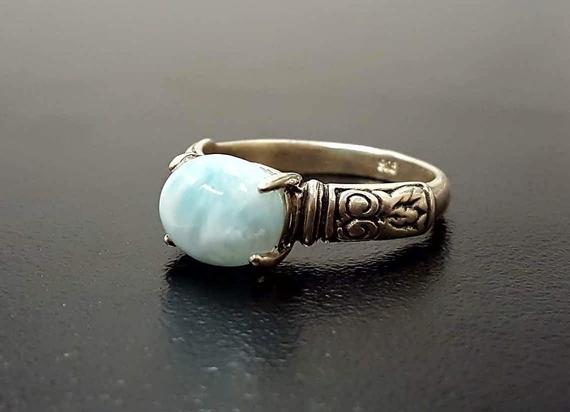 Larimar Ring, Natural Larimar, March Birthstone, Tribal Ring, March Ring, Blue Vintage Ring, Jewel Of Atlantis, Solid Silver Ring, Larimar