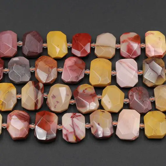 Natural Australian Mookaite Beads Faceted Rectangle Cushion Octagon Natural Sunset Color Red Yellow Maroon Red Creamy Beige 15.5" Strand