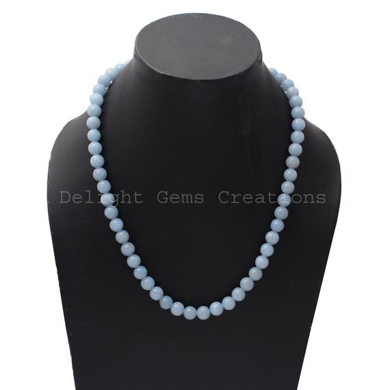 Natural Angelite Beaded Necklace, 8mm Smooth Round Angelite Beads Necklace, Angelite Gemstone Necklace 18 Inch, Blue Angelite Bead Jewelry