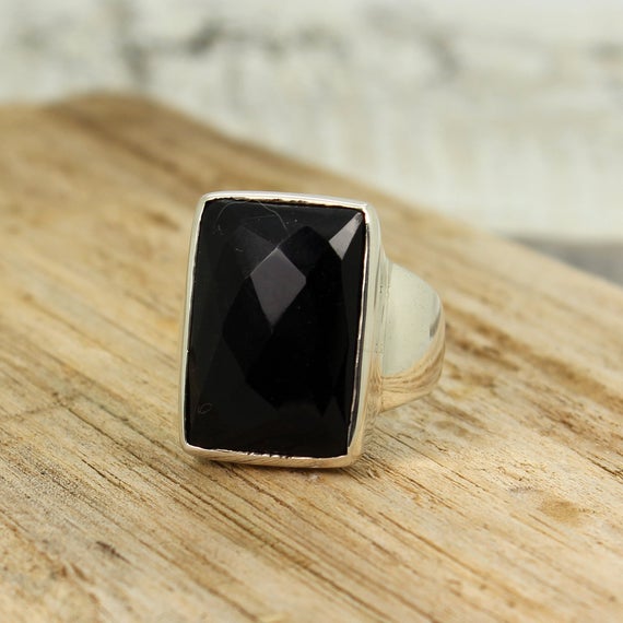 Men's Ring Black Onyx Stone Rectangle Shape Cut Faceted Stone Ring For Men Set On 925 Sterling Silver Natural Black Onyx Stone Unisex Ring
