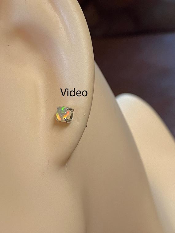 Tiny Ethiopian Fire Opal Studs/ Sterling Silver / Child Size Or Minimalist/.35 Cts Tiny 4.00 Mm Rainbow Play Natural Ethiopian Fire Opal