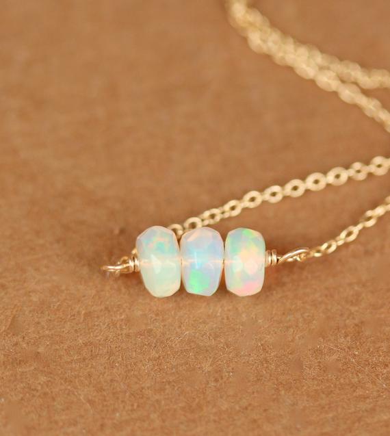 Opal Necklace - Fire Opal - Genuine Opal - Natural Opal - Three Ethiopian Opals Wire Wrapped Onto A 14k Gold Vermeil Chain