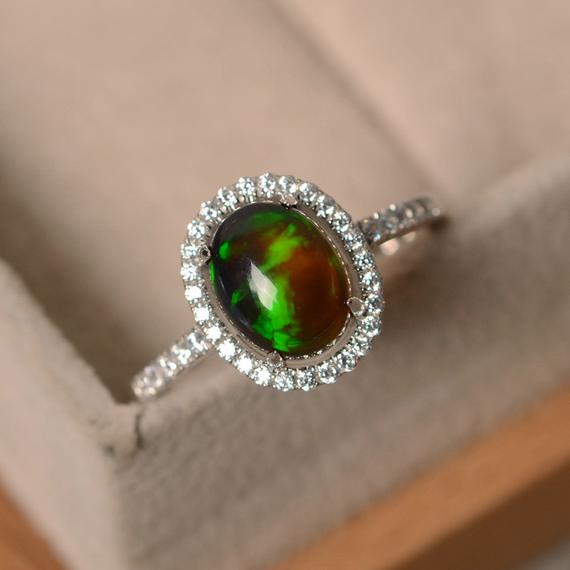 Black Opal Halo Ring, Sterling Silver, Oval Opal Engagement Ring, October Birthstone