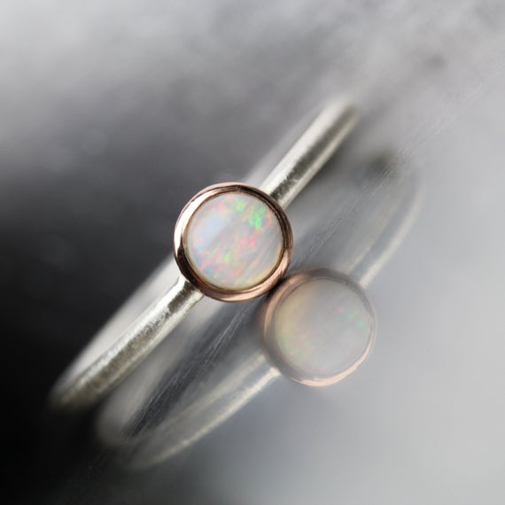 Tiny White Opal Stackable Ring 14k Rose Gold Silver Band Cute Color Speckle October Birthstone Round Cabochon Delicate Boho Gift - Lil Flash