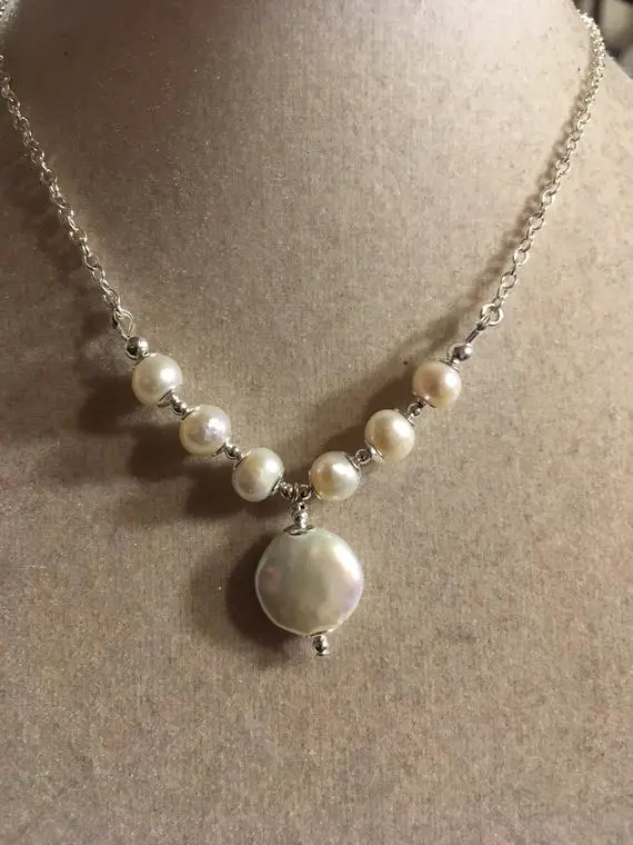 Pearl Necklace - Wedding Jewelry - June Birthstone - Sterling Silver - Freshwater Pearl Jewellery - Pendant - Chain - Bride - White