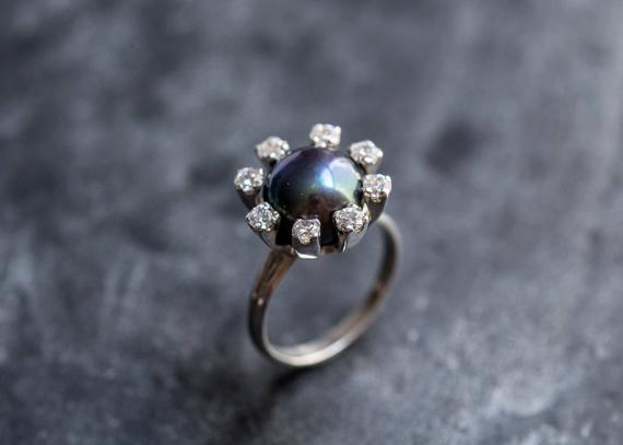 Black Pearl Ring, Natural Pearl Ring, June Birthstone, Big Pearl Ring, Vintage Ring, Vintage Pearl Ring, June Ring, Solid Silver Ring, Pearl