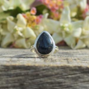 Shop Pietersite Rings! Blue Pietersite Ring, 925 Sterling Silver, Pear Gemstone Ring, Blue Gemstone, Simple Band Ring, Satement Ring, Double Bezel Set, Sale | Natural genuine Pietersite rings, simple unique handcrafted gemstone rings. #rings #jewelry #shopping #gift #handmade #fashion #style #affiliate #ad