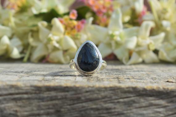 Blue Pietersite Ring, 925 Sterling Silver, Pear Gemstone Ring, Blue Gemstone, Simple Band Ring, Satement Ring, Double Bezel Set, Sale