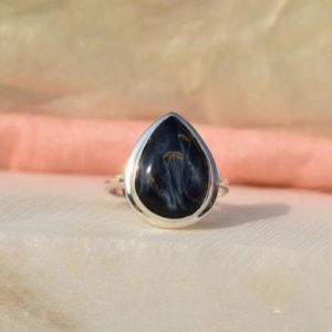 Shop Pietersite Rings! Simple Pietersite Ring, 925 Sterling Silver, Pear Gemstone, Blue Color Stone, Bezel Set, Handmade Silver Jewelry, Can Be Personalized, Sale | Natural genuine Pietersite rings, simple unique handcrafted gemstone rings. #rings #jewelry #shopping #gift #handmade #fashion #style #affiliate #ad