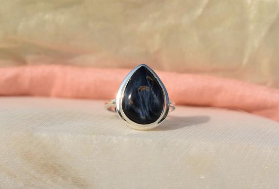 Simple Pietersite Ring, 925 Sterling Silver, Pear Gemstone, Blue Color Stone, Bezel Set, Handmade Silver Jewelry, Can Be Personalized, Sale