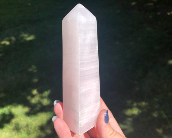 5.3" Pink Calcite Crystal Tower #1 Polished Point, Banded Light Pastel Pink Gemstone Decor For Home, Uv Reactive, Witchy Gift For Her Friend