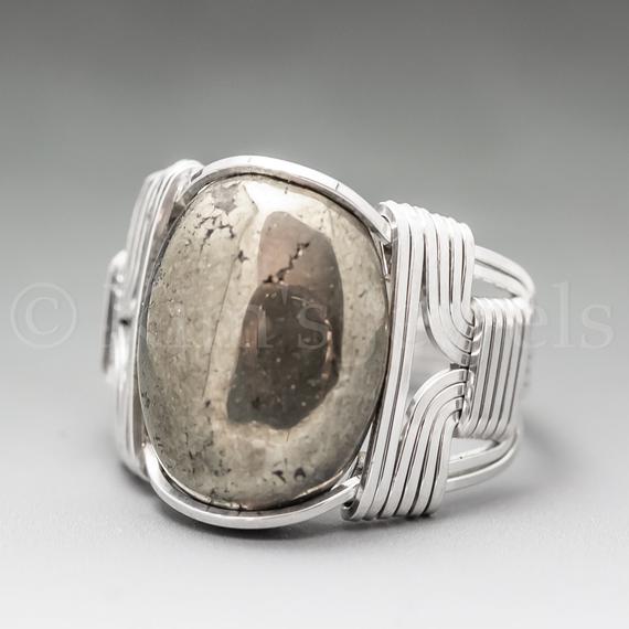 Pyrite Fools Gold Sterling Silver Wire Wrapped Gemstone Cabochon Ring - Optional Oxidation/antiquing - Made To Order, Ships Fast!