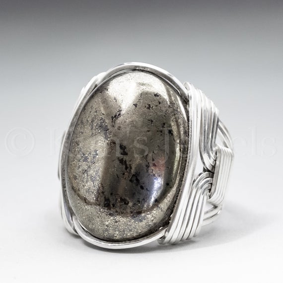 Pyrite Gemstone 18x25mm Cabochon Sterling Silver Wire Wrapped Ring -optional Oxidation/antiquing - Made To Order And Ships Fast!