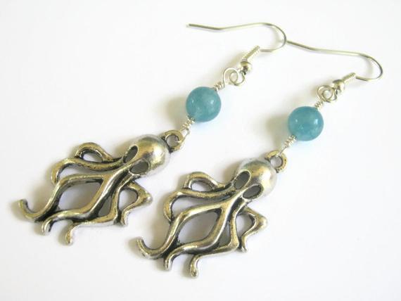 Octopus Earrings, Aqua Blue Sponge Quartz Earrings, Beach Jewelry, Ocean Kraken, Boho Nautical Jewelry, On Hypoallergenic Ear Hooks