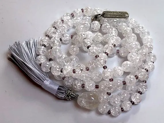 Himalayan Crackled Crystal Quartz Knotted Mala Beads Necklace 8 Mm Natural Genuine 108 Beads Third Eye Chakra Nirvana Quartz Jaap Japa Mala