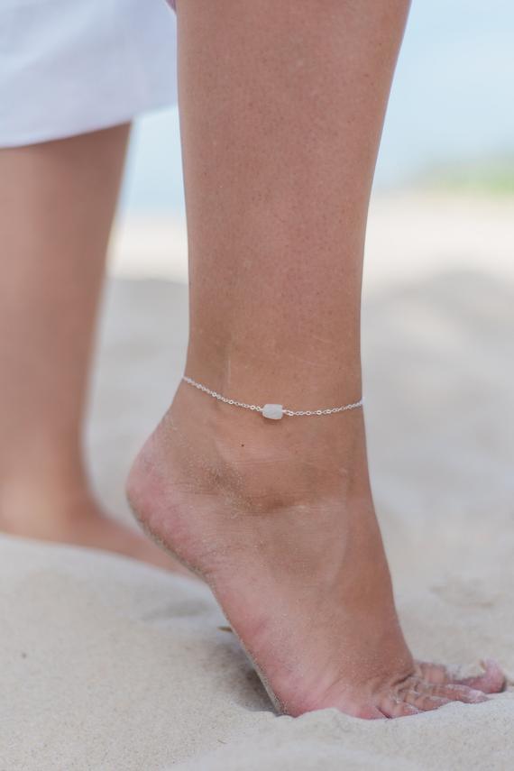 Raw Rainbow Moonstone Crystal Nugget Anklet Bracelet In Gold, Silver, Bronze Or Rose Gold - 8" Chain With 2" Adjustable Extender