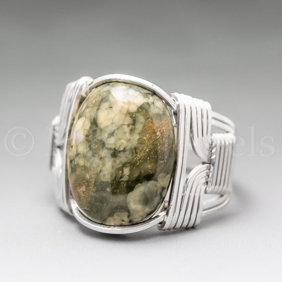 Rainforest Jasper Sterling Silver Wire Wrapped Gemstone Cabochon Ring - Optional Oxidation/antiquing - Made To Order, Ships Fast!