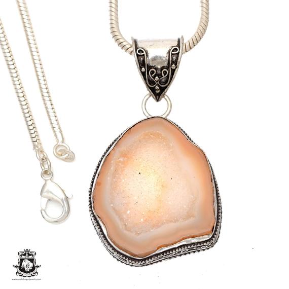 Rhodochrosite Stalactite Geode Pendant & Free 3mm Italian 925 Sterling Silver Chain V1021