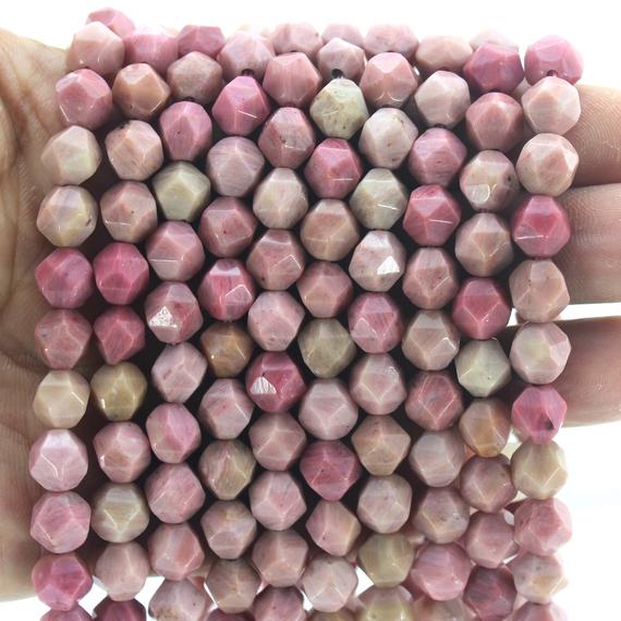 7x8mm Genuine Haitian Flower Rhodonite Beads, Star Cut Faceted Loose Beads ,pink Rhodonite Gemstone Beads-14 Inches-approx45pcs-ns10
