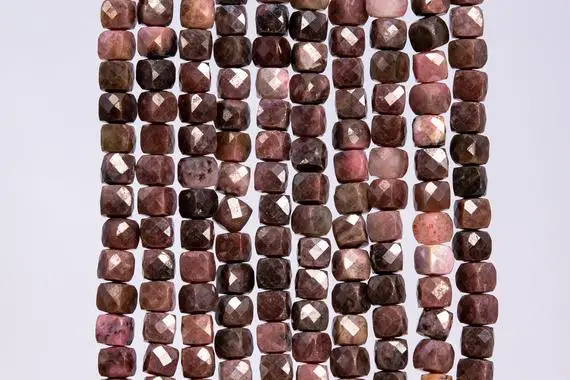 Genuine Natural Rhodonite Gemstone Beads 4mm Pink Brown Faceted Cube A Quality Loose Beads (113046)