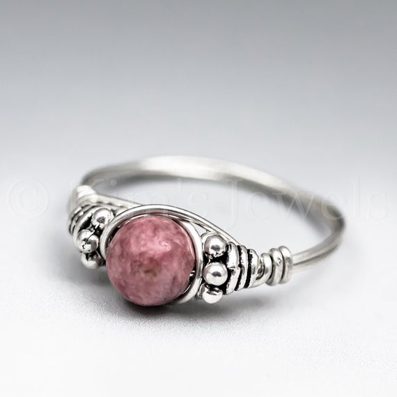 Genuine Pink Rhodonite Bali Sterling Silver Wire Wrapped Gemstone Bead Ring - Made To Order, Ships Fast!