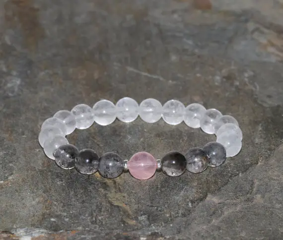 Milky Clear Quartz Crystal, Madagascar Rose Quartz & Himalayan Quartz Beaded Bracelet, 8mm Beads, 8.5mm Guru Bead, Sterling Silver Spacers