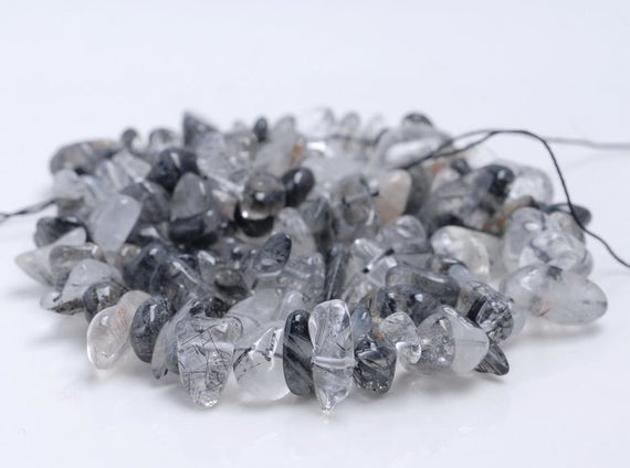 7-8mm Black Rutilated Quartz Gemstone Pebble Nugget Chip Loose Beads 15.5 Inch  (80001875-a14)