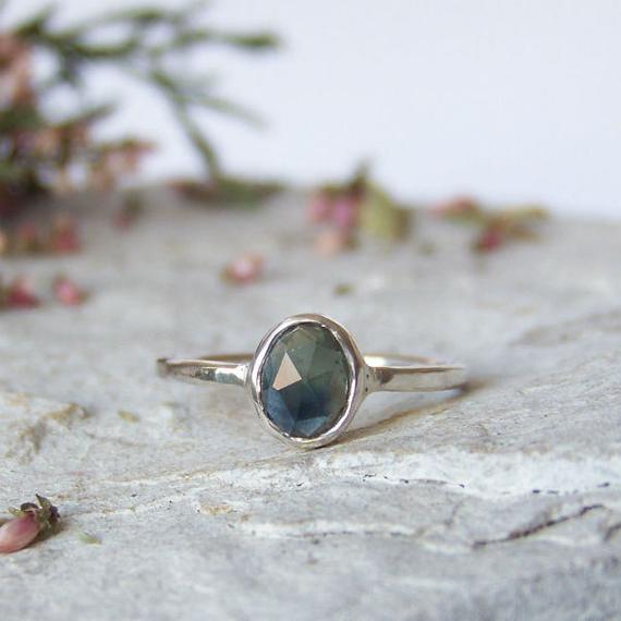 Sapphire Ring, Rose Cut Sapphire Ring, Greenish Blue Sapphire, Delicate Stacking Sterling Silver Ring, Custom Ring