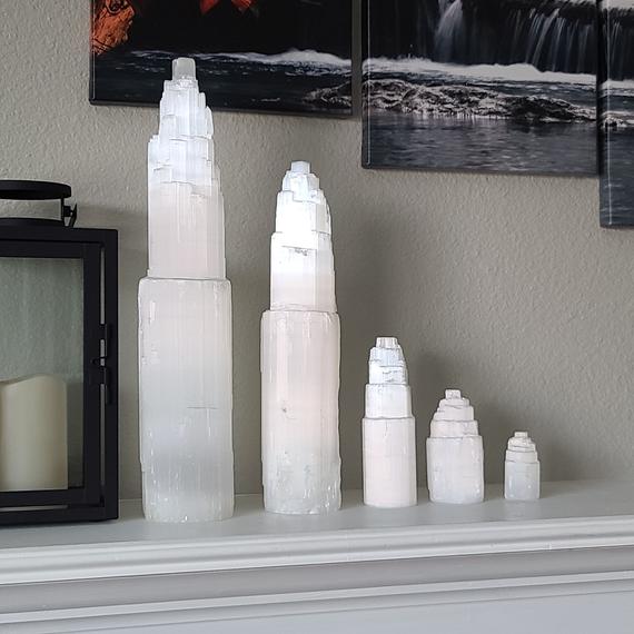 Rough Selenite Tower, Small To Large Raw Crystal Point Wand Obelisk For Decor Or Crystal Grids