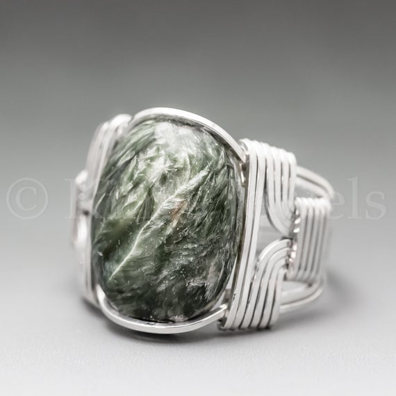 Seraphinite Clinochlore Sterling Silver Wire Wrapped Gemstone Cabochon Ring - Optional Oxidation/antiquing - Made To Order, Ships Fast!