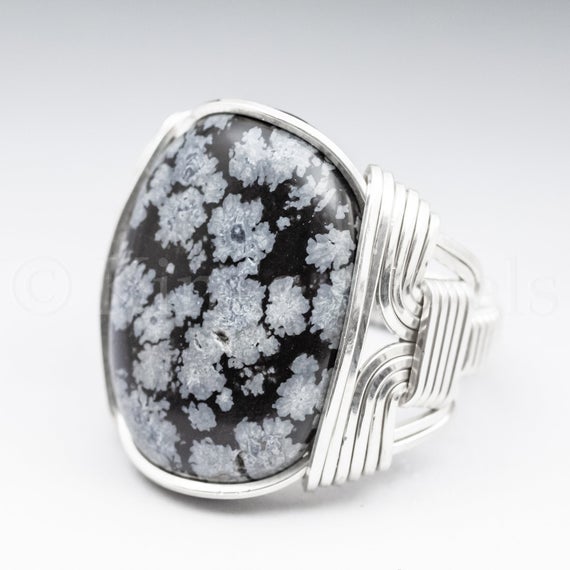 Snowflake Obsidian Gemstone 18x25mm Cabochon Sterling Silver Wire Wrapped Ring -optional Oxidation/antiquing - Made To Order And Ships Fast!