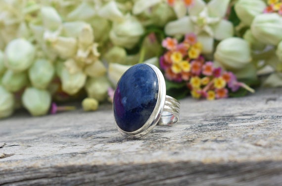 Natural Sodalite Ring, 925 Sterling Silver Ring, Oval Sodalite Gemstone Ring, Double Bezel Set, Triple Band Ring, Blue Gemstone Ring, Sale